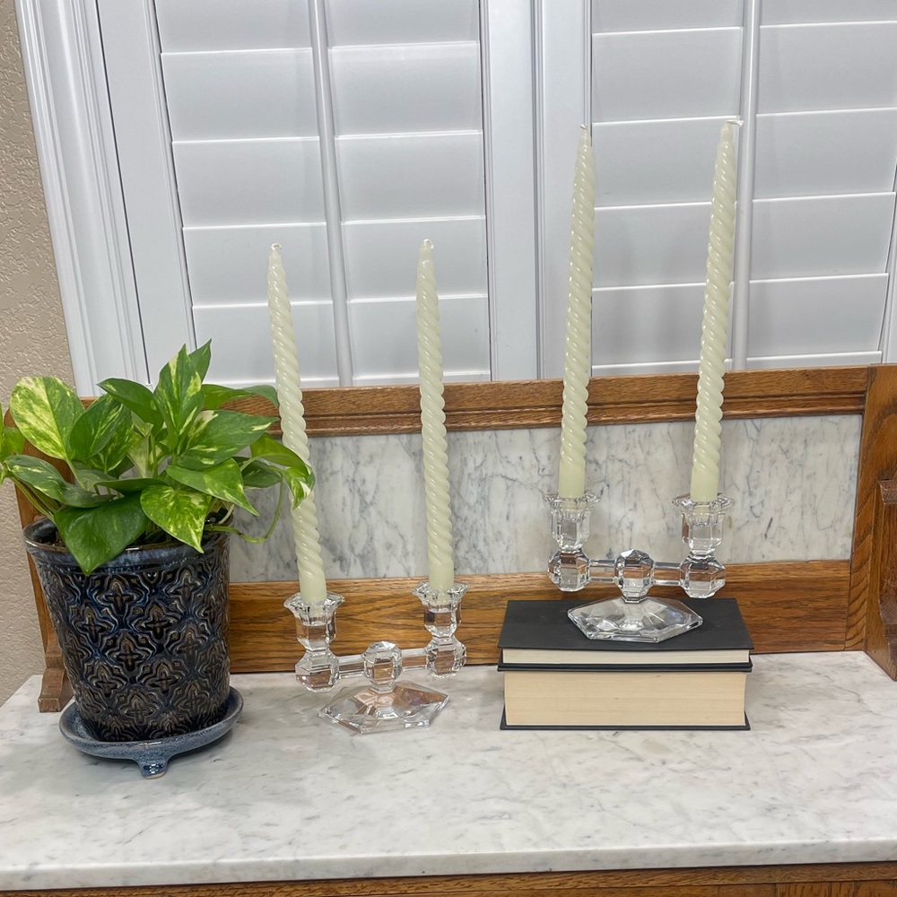 Pair of Vintage Val St Lambert Crystal Double Light Candle Holders